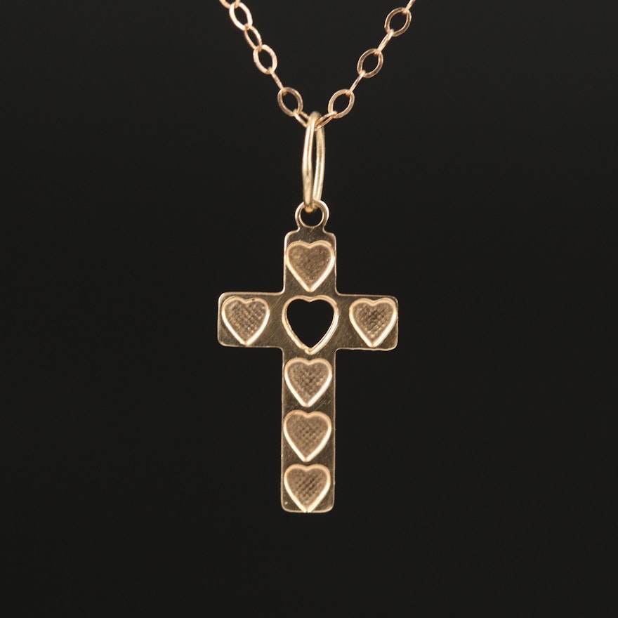 14K Cross Pendant Necklace with Heart Details