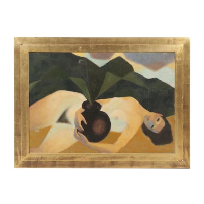 Chas Dodge Oil Painting of Reclining Nude Holding Fern, Circa 1970