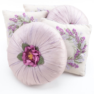 Three Lavender Wreath Ribbon Embroidered Linen Pillows and Pair of Round Pillows