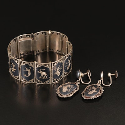 Siam Niello Panel Bracelet with Matching Earrings in Sterling