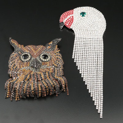 Butler and Wilson Parrot and Bettina Von Walhof Horned Owl Rhinestones Brooches