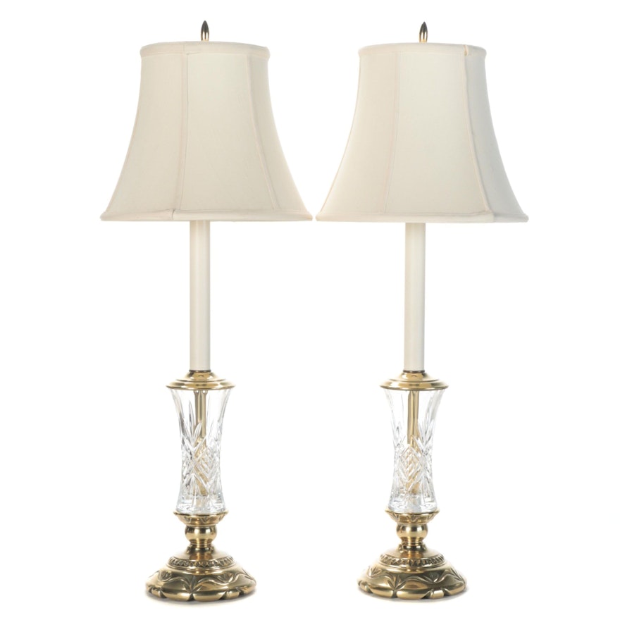 Pair of Stiffel Pressed Glass and Brass Table Lamps, Late 20th Century