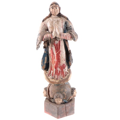 Sri Lankan Polychrome Carved Wood Madonna Figure, 18th Century