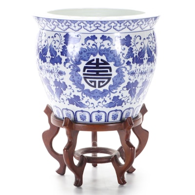 Chinese Porcelain Blue and White Fishbowl Planter with Stand
