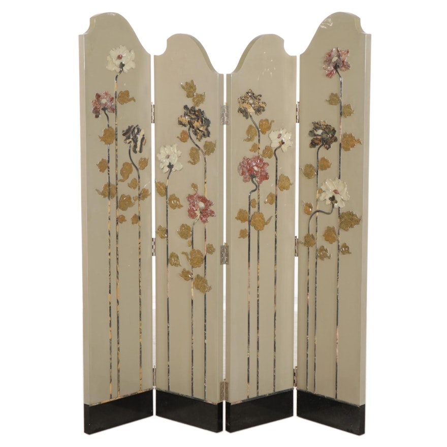 Chinese 4-Panel Lacquered Screen with Carved Stone Flowers, Late 20th Century