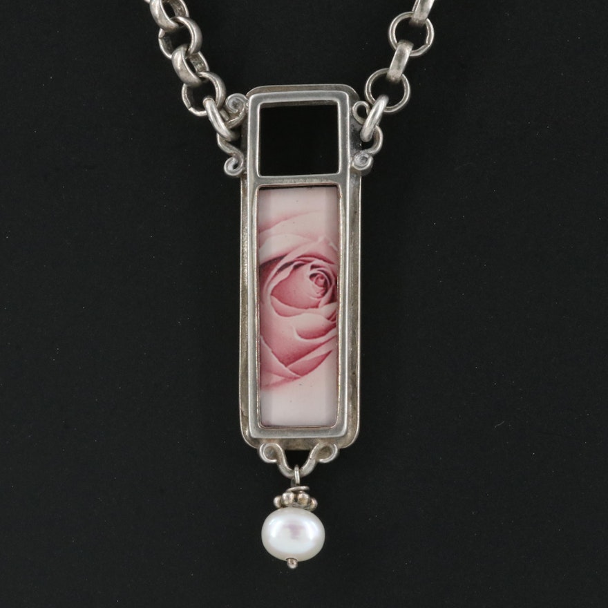 Sterling Rose Pendant and Pearl Drop Necklace