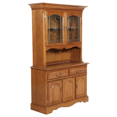 Victorian Style Oak and Leaded Glass Two-Piece China Cabinet