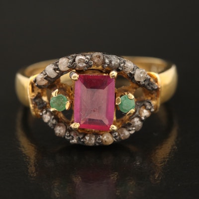 Sterling Corundum, Emerald and Diamond Ring