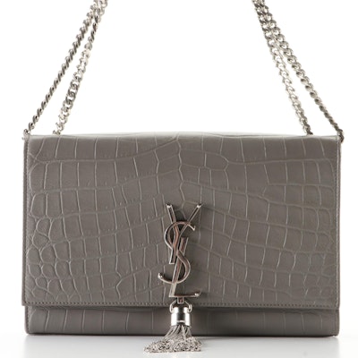 Saint Laurent Classic Monogram Medium Tassel Bag in Grey Croc-Effect Leather