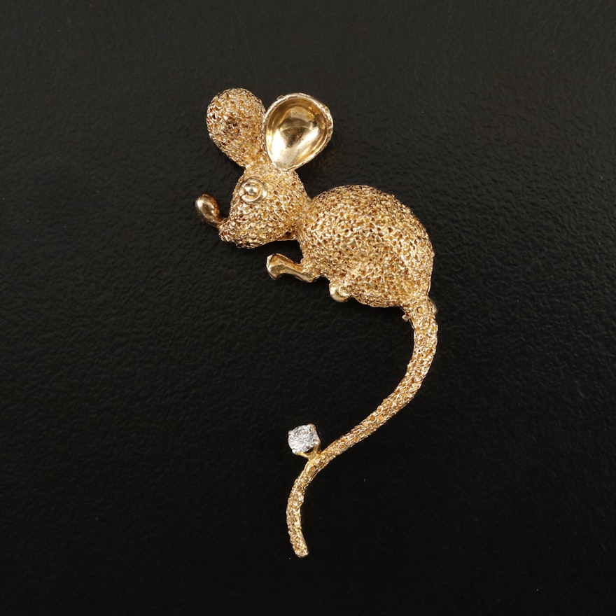 1960s 14K 0.09 CT Mouse Brooch