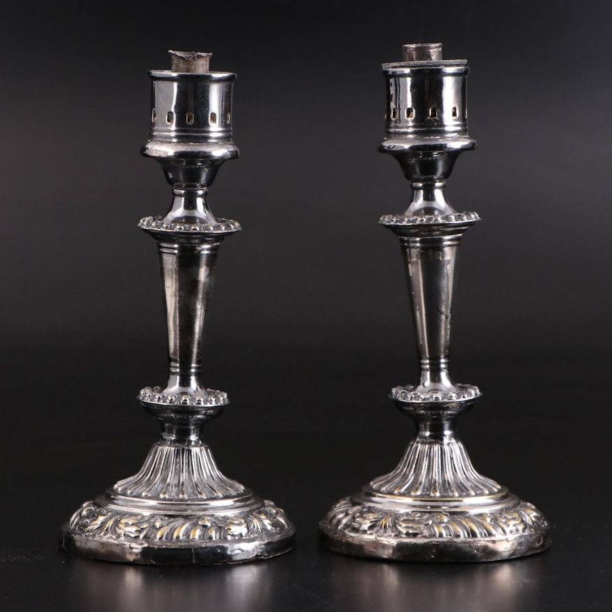 Pair of Victorian Silver Plate on Brass Hurricane Candlesticks, 19th Century