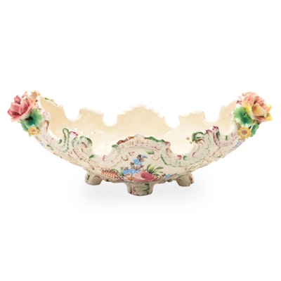 European Faïence Reticulated Ceramic Centerpiece Bowl with Applied Flowers