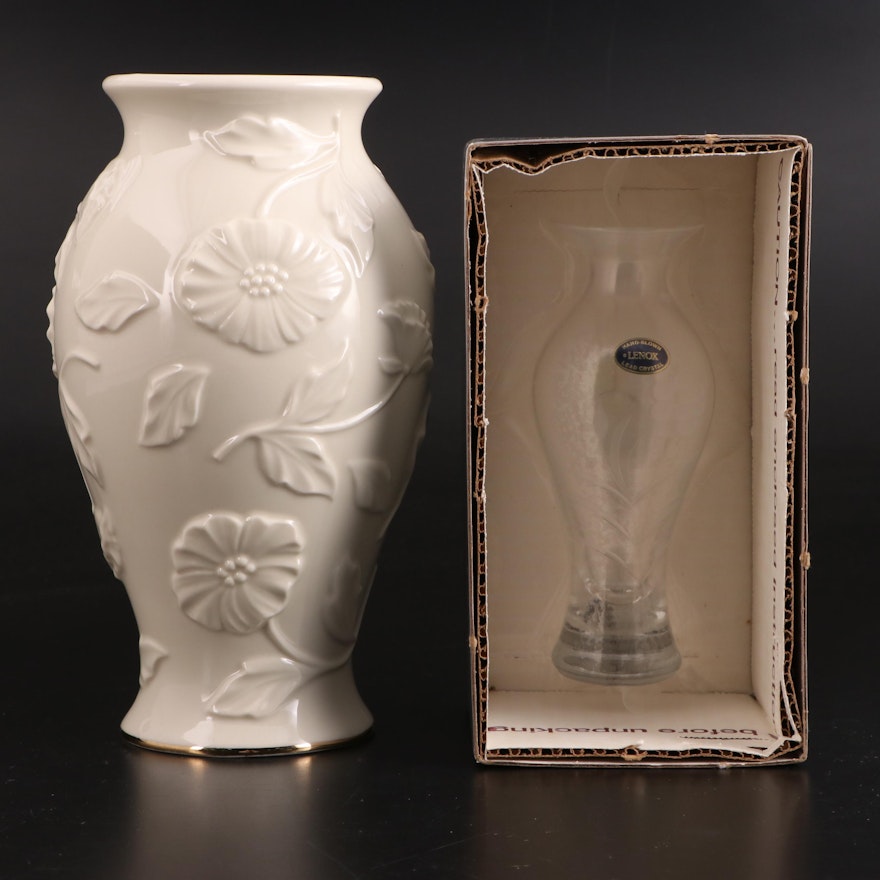 Lenox Bone China Poppy Vase and Crystal Vase