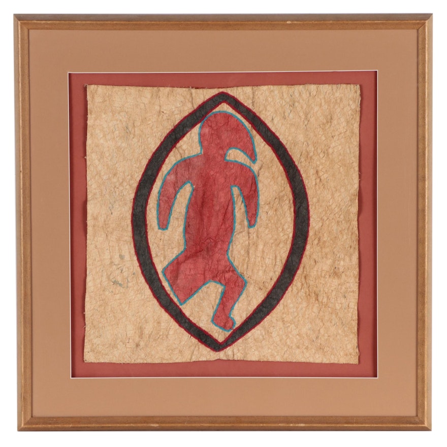 Embroidered and Painted Figural Barkcloth Panel, Late 20th Century