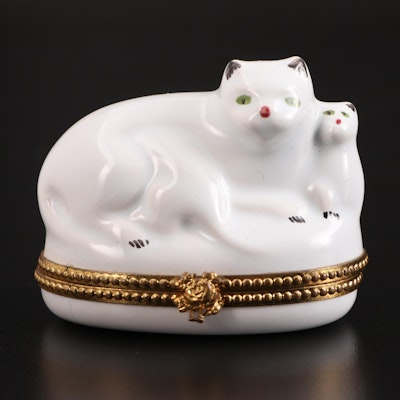 Bullocks Enameled Porcelain Cat Motif Trinket Box