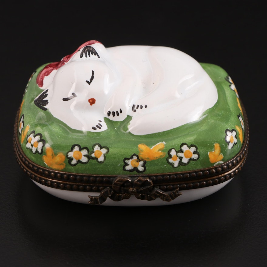 French Enameled Porcelain Sleeping Cat Motif Trinket Box