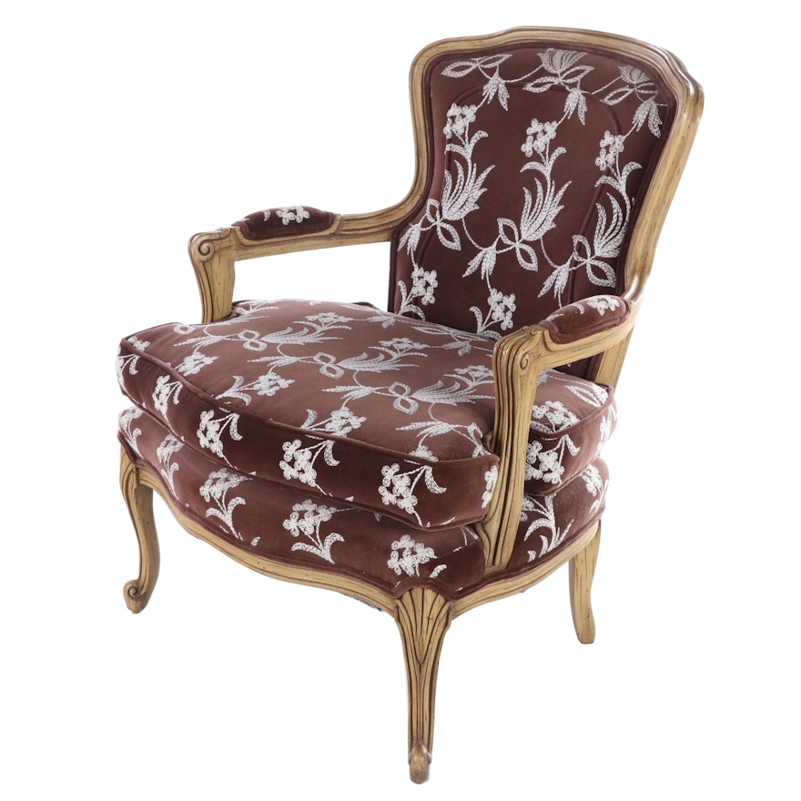 Louis XV Style Grain-Painted and Custom-Upholstered Fauteuil, 20th Century