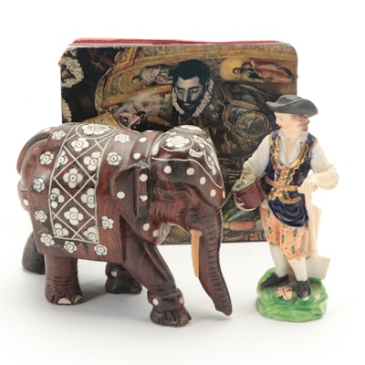 Bone Inlaid Carved Wood Elephant with European Porcelain Figure and Matchbox