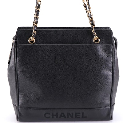 Chanel Large Logo Chain Shoulder Tote in Black Caviar Leather