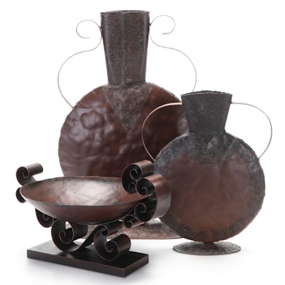 Metal Decor Featuring Flat Vase Art and Decorative Bowl on Base