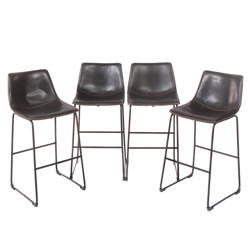Four Contemporary Metal and Faux-Leather Bar Stools