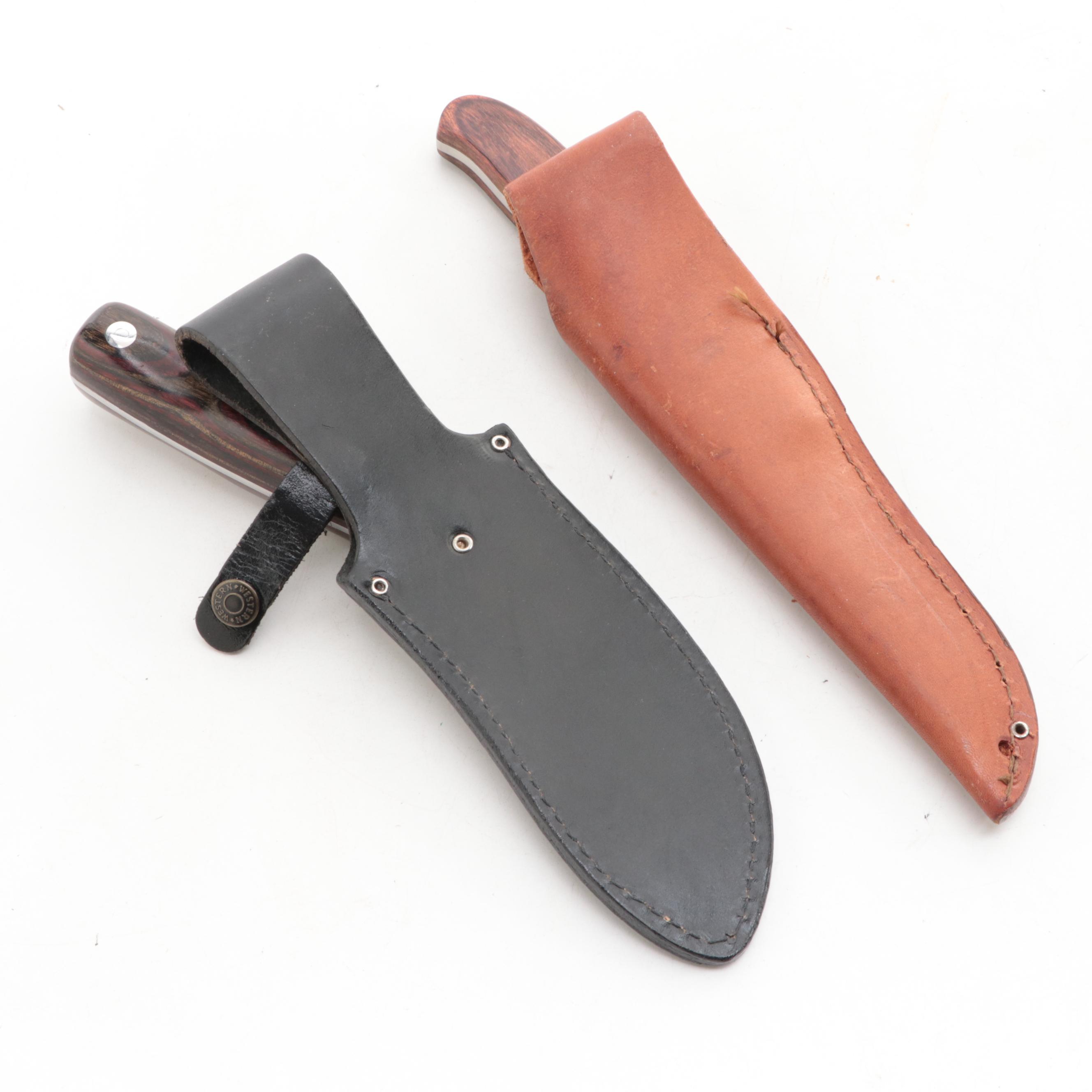 Cecil and Bear Wooden Handled Fixed Blade Knives with Leather Scabbards