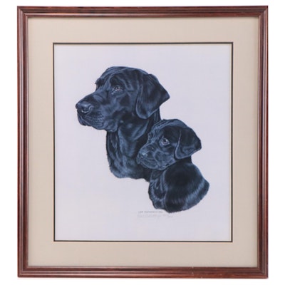 Les Anderson Offset Lithograph of Black Labradors, Late 20th Century