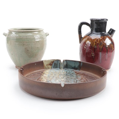 Pottery Craft Ashtray with Glazed Jug and Incised Decorated Pot