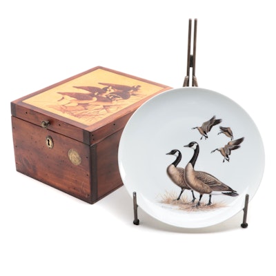 Ducks Unlimited Canada Geese Fruitwood Box with Porcelain Collector Plate