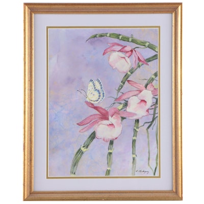 Cecelia Rodriguez Watercolor Painting of Butterfly and Blossoms
