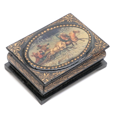 Russian Hand-Painted Troika Scene Lacquer Box, 20th Century
