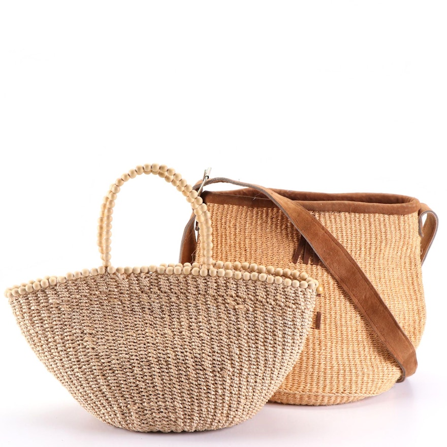 Tote and Shoulder Bag in Woven Raffia with Wood and Suede Trim
