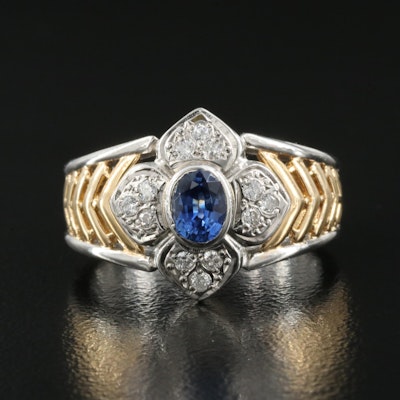 Two-Toned 18K and Platinum Sapphire and Diamond Flower Ring