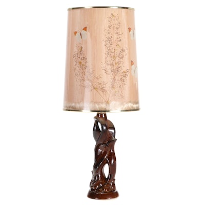 Van Briggle Art Pottery Lamp With Decoupage Silk Shade, Mid to Late 20th C