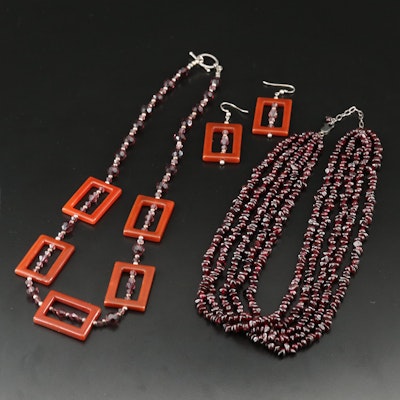 Sterling Torsade, Necklace and Earring Set Including Garnet, Glass and Carnelian