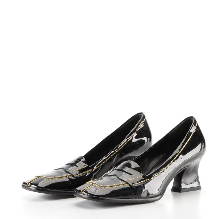 Prada Patent Leather Penny Loafers with Contrast Stitching and Tapered Heel