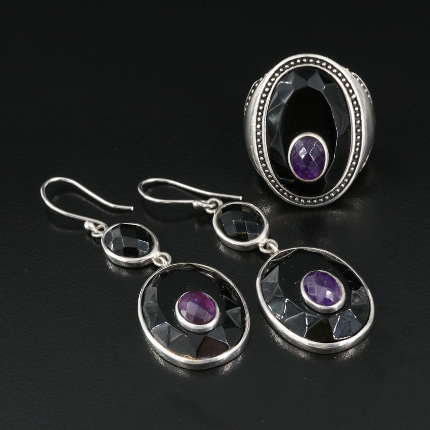 Sterling Black Onyx and Amethyst Ring with Matching Earrings