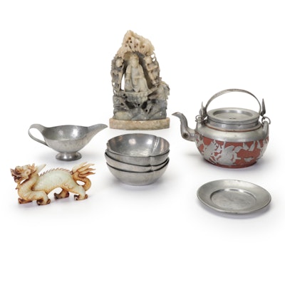 Yi Xing Chinese Pewter Overlay Terracotta Teapot, Soapstone Figurines, & More