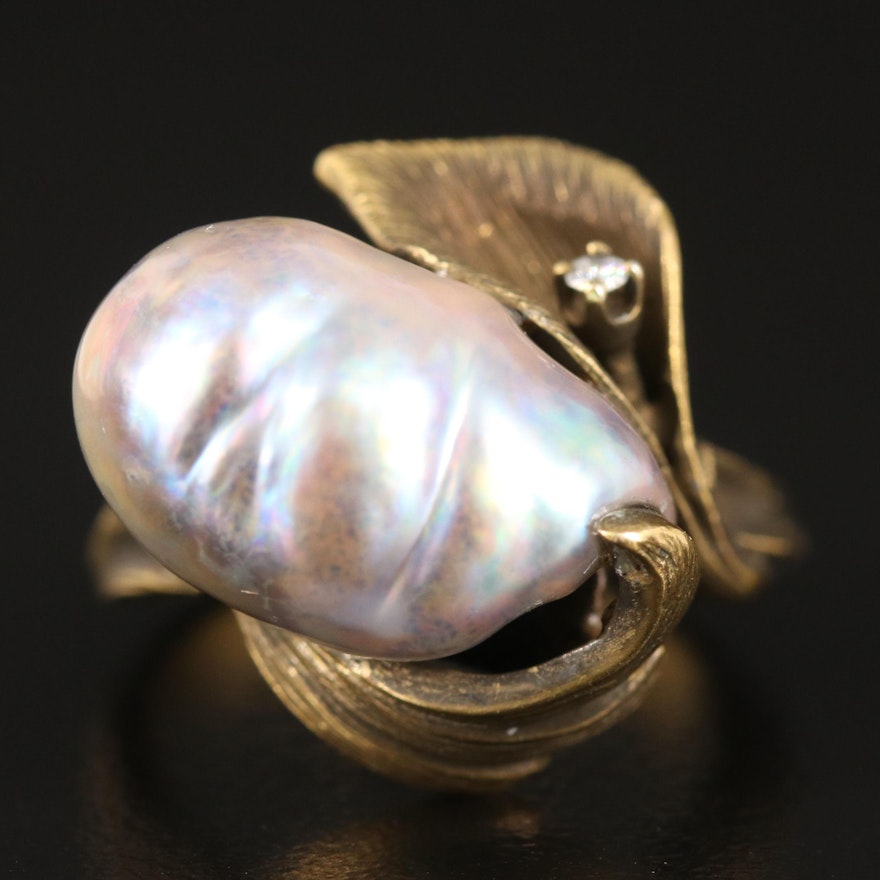 14K Pearl and Diamond Ring with Patinated Finish