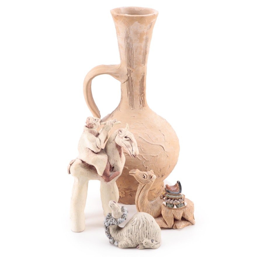 Artesania Rinconada Camel and Other Earthenware Figurines and Pitcher