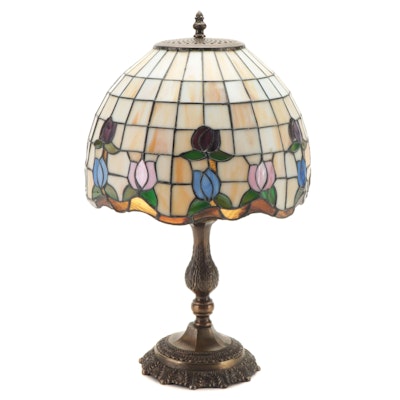 Cast Brass and Leaded Slag Glass Lamp, Late 20th/21st Century