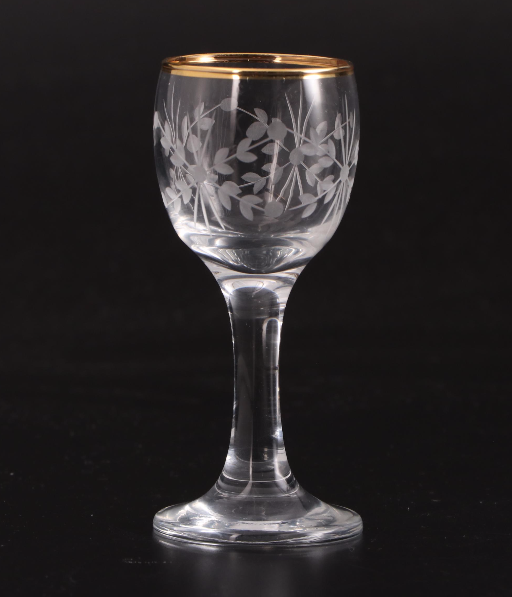 Gold Rimmed Etched Cordial Glasses, Mid to Late 20th Century EBTH