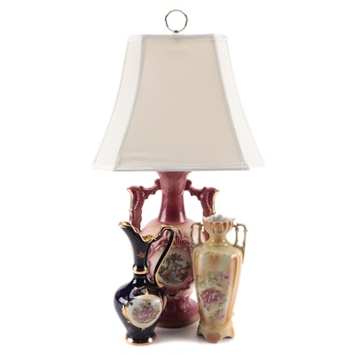 Victorian Style Ceramic Transferware Lamp, Vase and Ewer