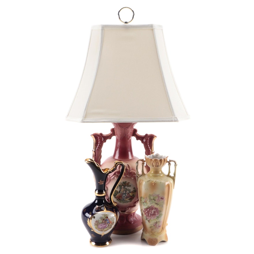 Victorian Style Ceramic Transferware Lamp, Vase and Ewer