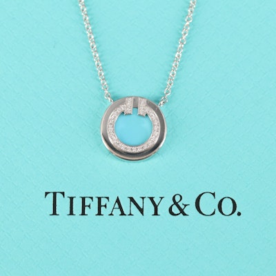 Tiffany & Co. 18K Diamond and Turquoise Circle Pendant Necklace with Packaging