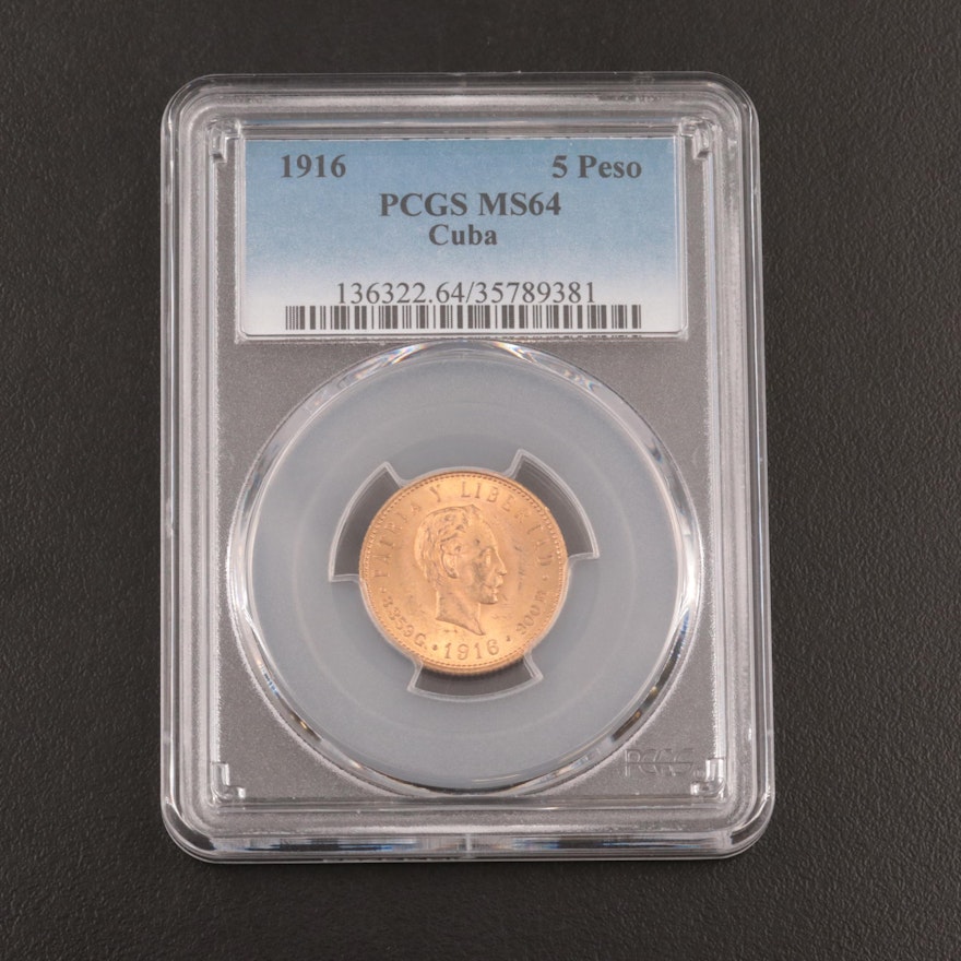PCGS Graded MS64 1916 Cuba Five Peso Gold Coin