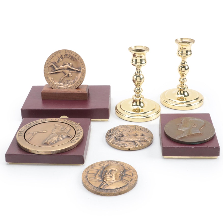 Patinated Bronze Medallions with Baldwin Brass Candlesticks