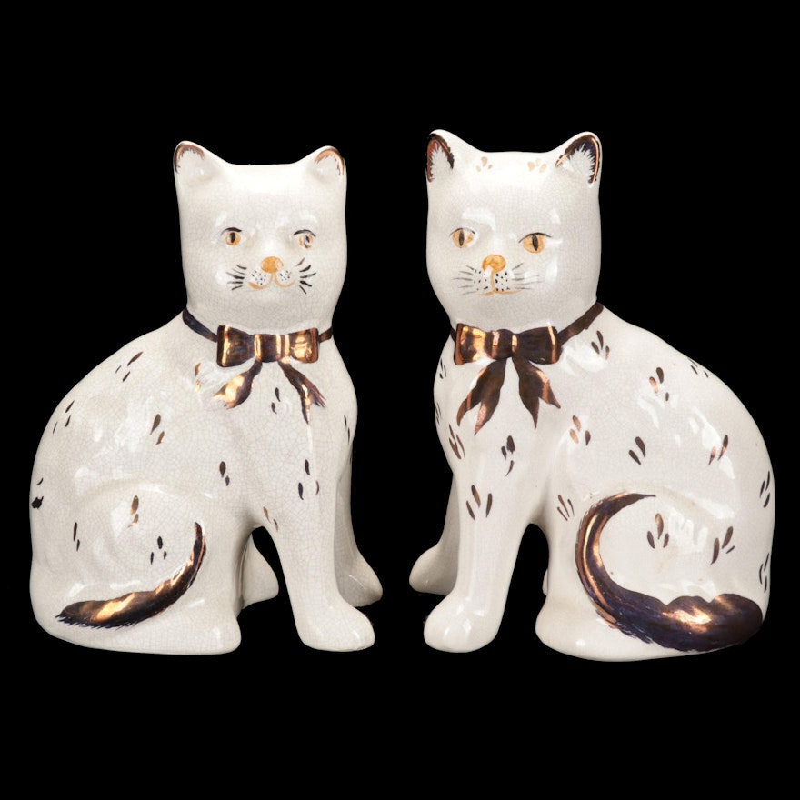 Pair of William Kent Porcelain & Copper Staffordshire Ware Mantle Cats
