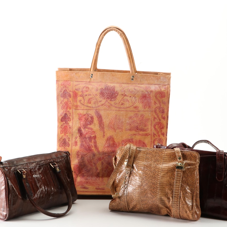 Boston Bag, Tote, and More Handbags in Leather, Eel Skin, and Snakeskin