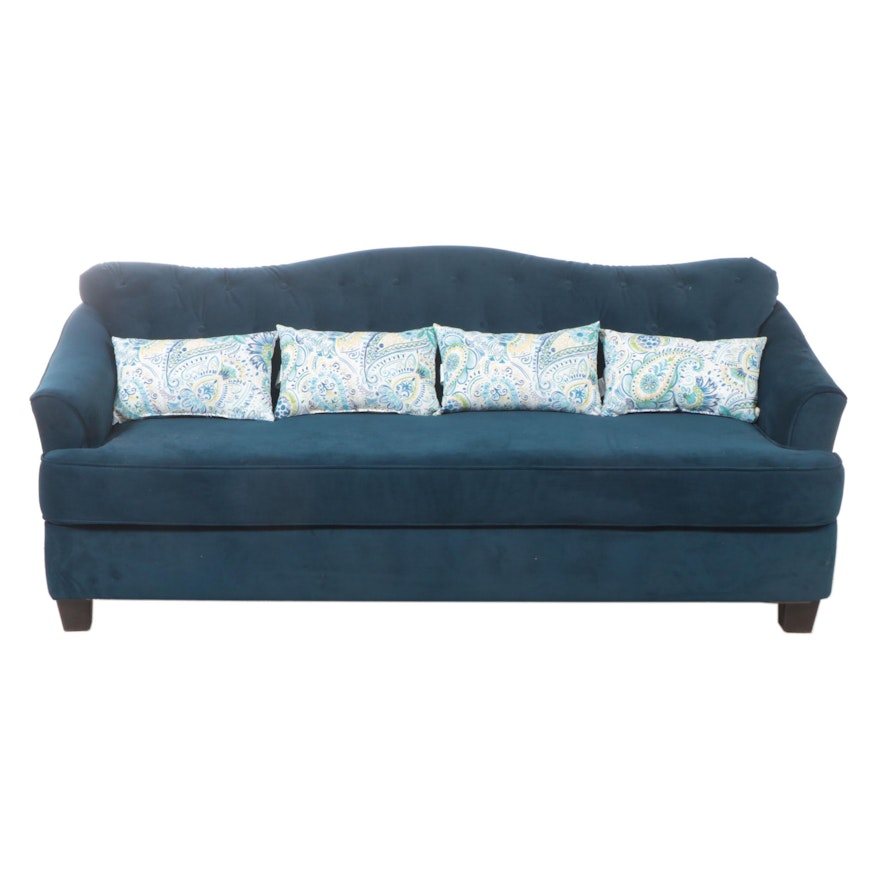 Hughes Furniture Blue Velour Sofa with Accent Pillows